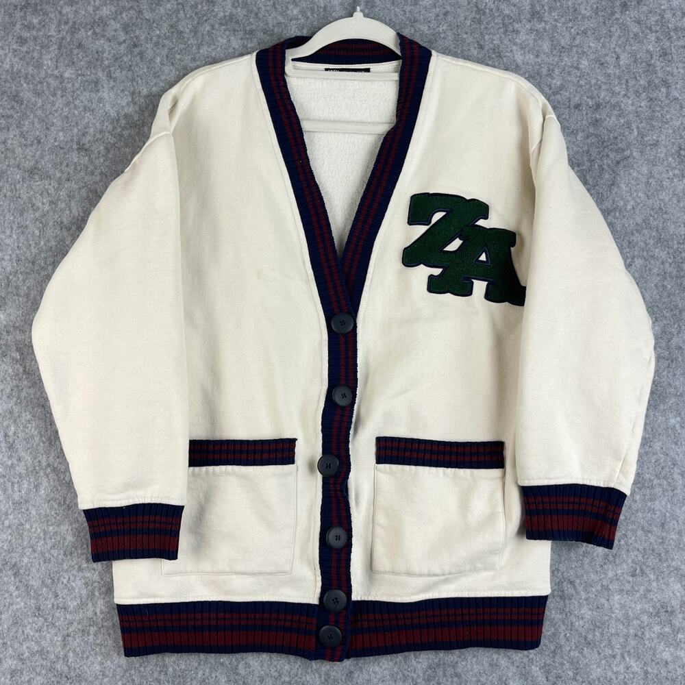 Zara Varsity Cardigan Womens Large Ivory Fleece Logo‎ Patch Academia Preppy